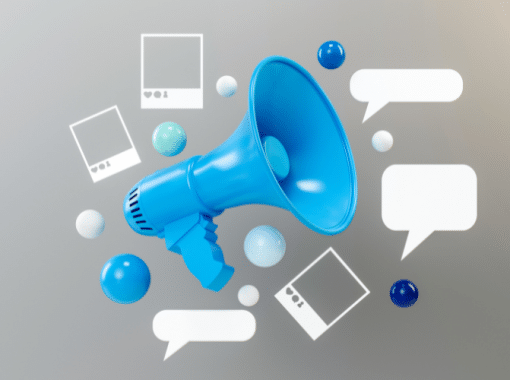 Picture of a blue megaphone with speech bubbles surrounding it. Image being used for a blog post about media monitoring.