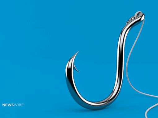 Picture of a metal fish hook with a fishing line on a blue background. Image is used for a Newswire blog post about attention-grabbing news hooks.