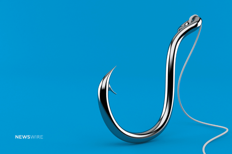 Picture of a metal fish hook with a fishing line on a blue background. Image is used for a Newswire blog post about attention-grabbing news hooks.