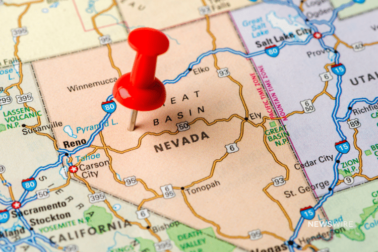 Picture of a map with a red push pin in the state of Nevada. Image is being used for a Newswire blog post about the top media outlets in Nevada.