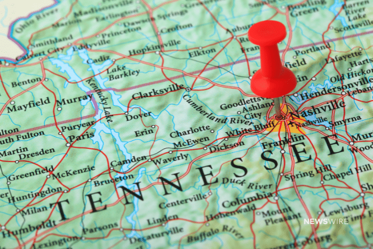 Picture of Tennessee on a map with a red pin. Image used for a Newswire blog about the top media outlets in Tennessee.