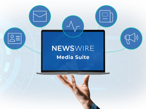 Picture of a hand holding a laptop with text that includes Newswire's logo and Media Suite. Around the laptop are blue icons with symbols for each product of the Media Suite including - Media Database, Media Pitching, Media Monitoring, Media Room and Press Release Distribution
