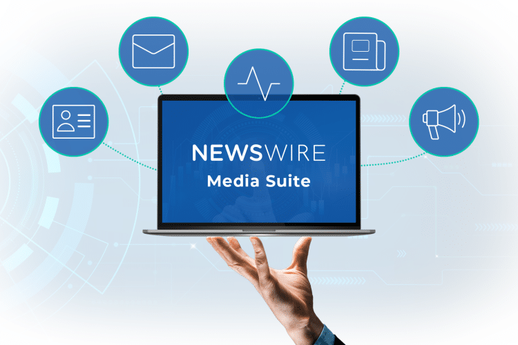 Picture of a hand holding a laptop with text that includes Newswire's logo and Media Suite. Around the laptop are blue icons with symbols for each product of the Media Suite including - Media Database, Media Pitching, Media Monitoring, Media Room and Press Release Distribution