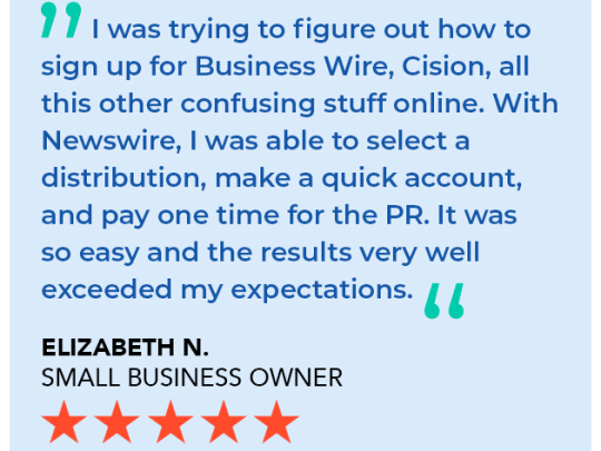 Quote image: "I was trying to figure out how to sign up for Business Wire, Cision, all this other confusing stuff online. With Newswire, I was able to select a distribution, make a quick account, and pay one time for the PR. It was so easy and the results very well exceeded my expectations." - Elizabeth N., Small Business Owner

Quote image is being used for a blog post about "How to Choose a Press Release Website"
